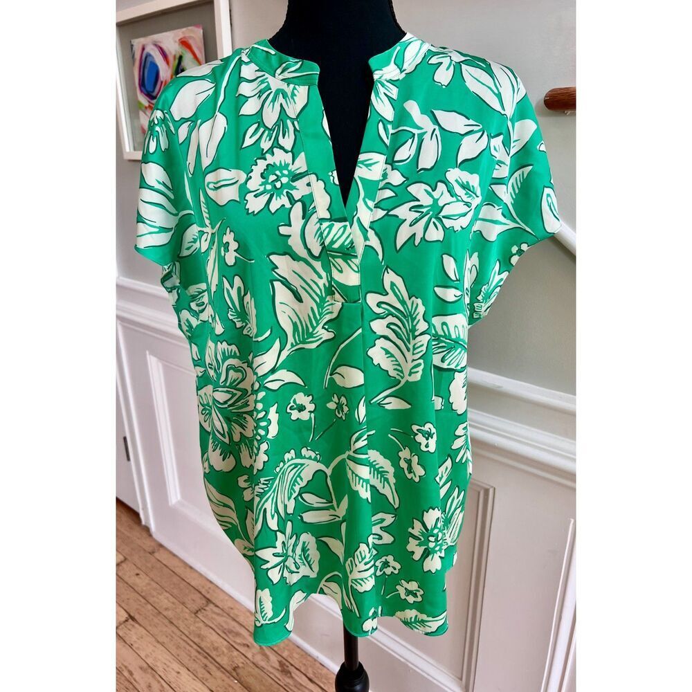 🌿 Rachel Roy Green & White Floral Blouse | Size XL | NWT